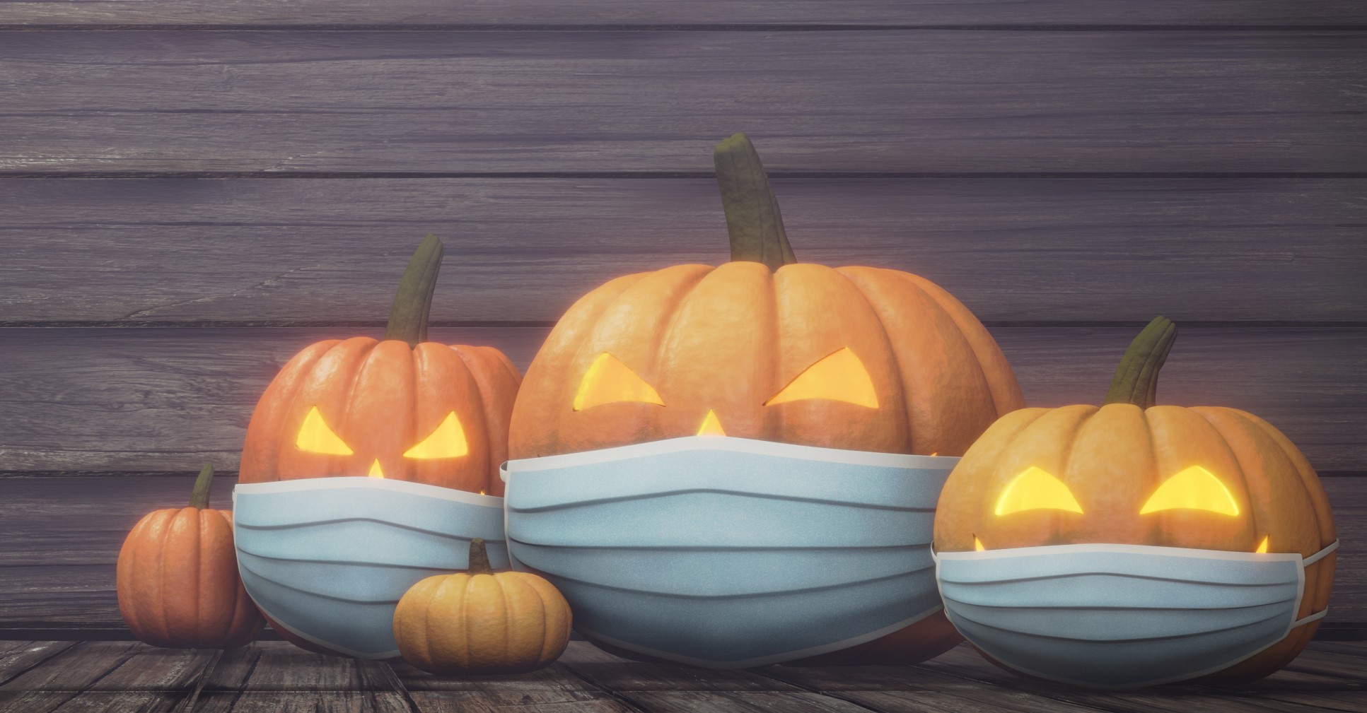 3 Halloween pumpkins with masks